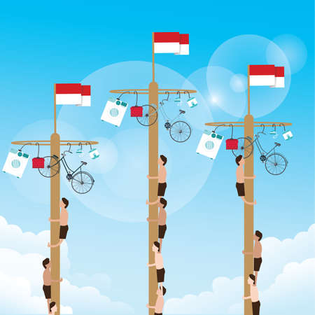 climbing game with hanging prize at the top Indonesian celebrate independence day vectorのイラスト素材