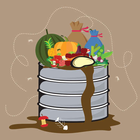 food waste organic degradable in garbage bin with flied all around vectorのイラスト素材