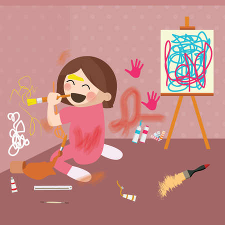 girl doodling on wall, messy house vectorのイラスト素材
