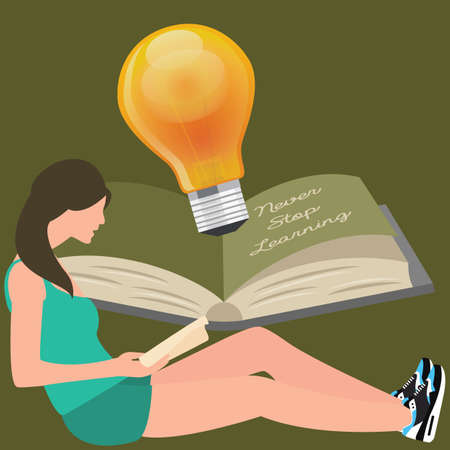 never stop learning, girl reads book, light bulb shines vectorのイラスト素材