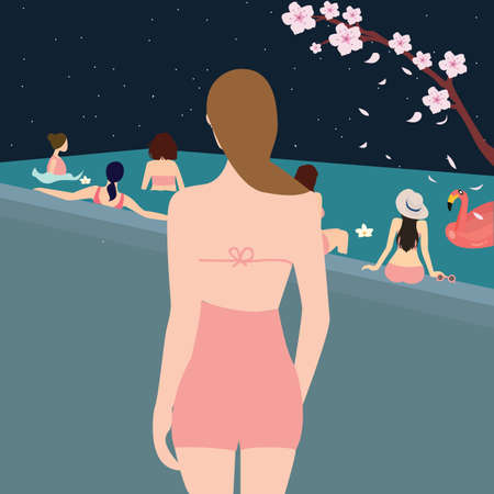 female woman back looking at swimming pool girls swimming together with friend during the night vectorのイラスト素材