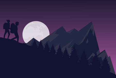 silhouette of two people hiking during the night dark sky in mountain down hill vectorのイラスト素材