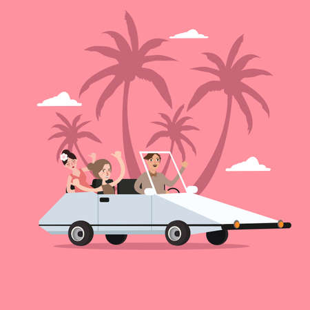 group of people ride car open for travel holiday with palm tree behind vectorのイラスト素材