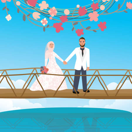 couple holding hand in bridge woman wearing scarf veil Islamic symbol vectorのイラスト素材