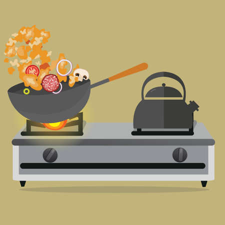 frying pan cooking stirred vegetable and meat on top of stoveのイラスト素材