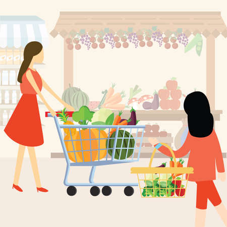woman girl mom shopping using cart buy vegetable at supermarket healthy ingredientsのイラスト素材