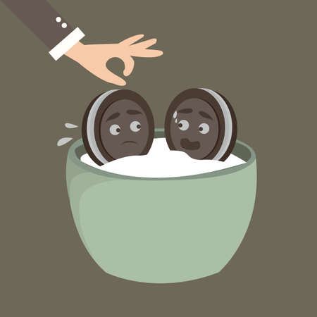 two cookies, biscuit characters, afraid put into milk, funny expressionのイラスト素材