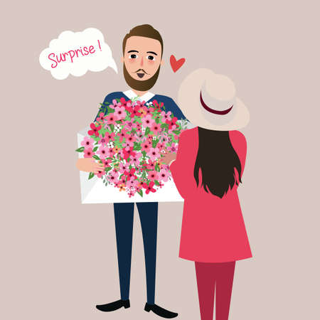 man give girl flower bouquet surprise vector illustration loveのイラスト素材