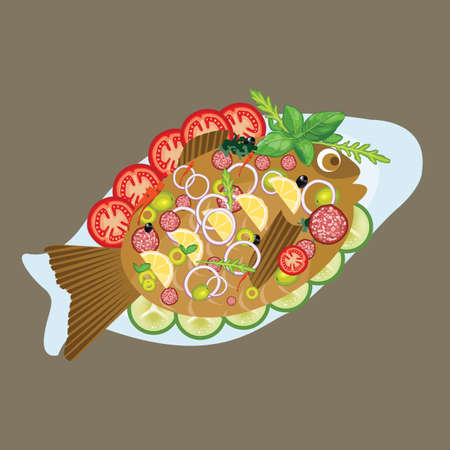 grilled fish in a plate sea food dinner lunch menu with vegetable vectorのイラスト素材