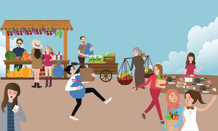 traditional open market activity busy people selling buying and bring stuff outdoor vectorのイラスト素材