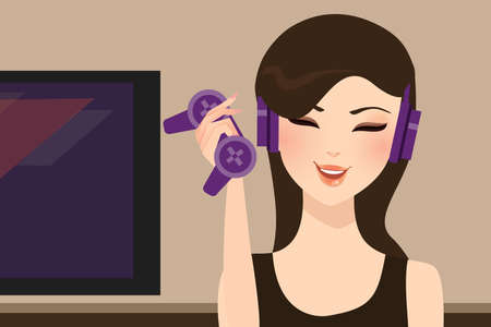 girl gamer holding joy stick wearing head set vectorのイラスト素材