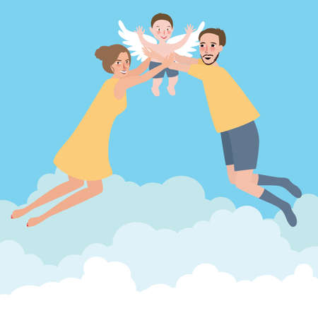couple with their baby family flying wings happy to the sky vectorのイラスト素材