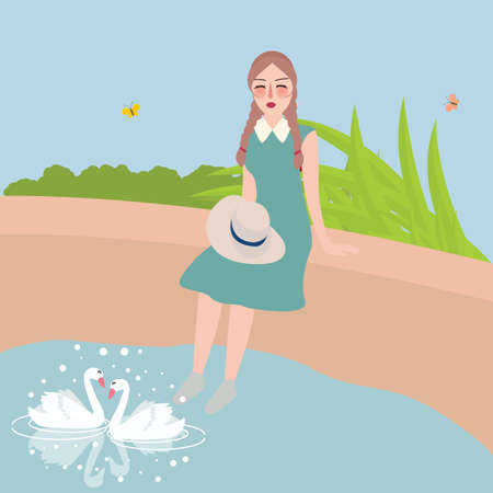 girl sitting with foot in water looking at two swan swimming in lake vectorのイラスト素材