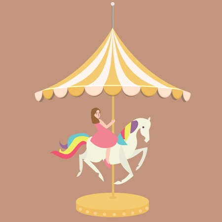 woman girl riding horse carousel cartoon flat carnival illustration vectorのイラスト素材