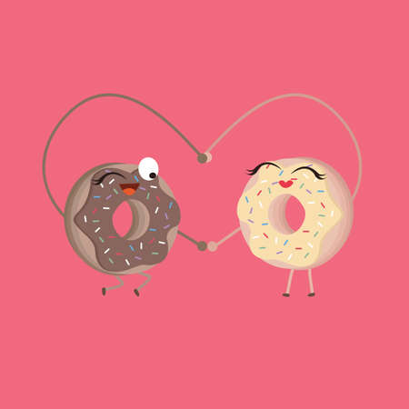 two donuts make heart shape funny cartoon characters of food vectorのイラスト素材