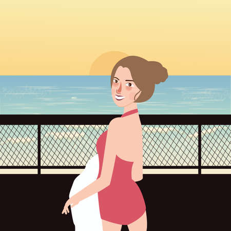 woman back at the beach wearing swim suit smile vectorのイラスト素材
