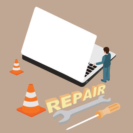 computer laptop repair service maintenance screwdriver equipment service man vectorのイラスト素材