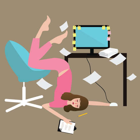woman people hard work tired full of paper overwork exhausted in front of computer vector