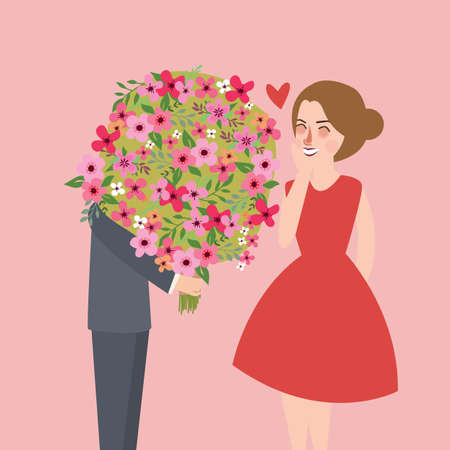 man give large flower bouquet to his girl friend couple romantic moment vectorのイラスト素材