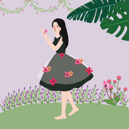 beautiful cute woman wearing dress with flowers around vectorのイラスト素材