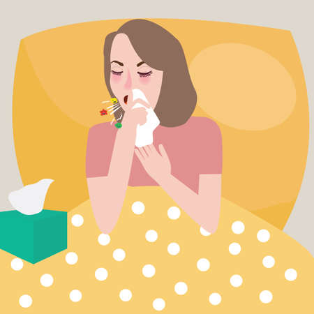 girl woman get flu sneeze bed rest cough spreading virus vectorのイラスト素材