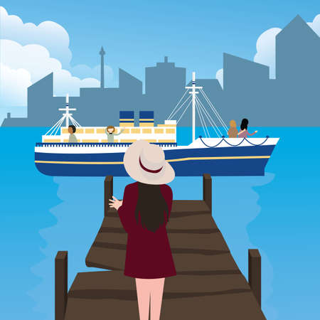 girl woman waiting in harbor port alone ship coming vectorのイラスト素材