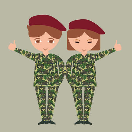 two kids children wearing military uniform army camouflage costume patriotic with hat vectorのイラスト素材