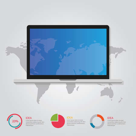 laptop notebook and world map info graphic communication online internet concept data presentation template vectorのイラスト素材