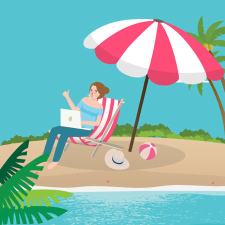 freelancer working remote enjoy on the beach sand with laptop vectorのイラスト素材