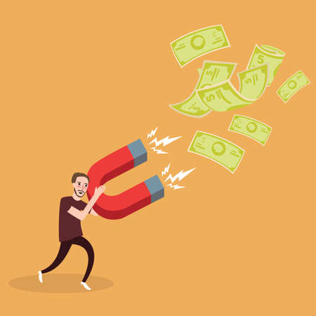 man try to attract money with magnet investment power earn profit passive income vectorのイラスト素材