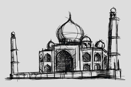 Taj Mahal sketch drawing illustration, monument and tourism building in India, mosque in Islamのイラスト素材