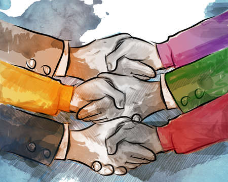 hand shake business concept of partnership deal agreement together lot of hand as a team multilateral tradeの写真素材