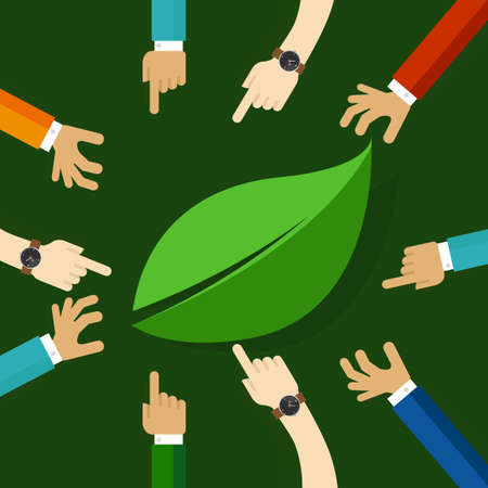 eco friendly life represented with leaf. hand working together. concept of teamwork collaboration and participation.のイラスト素材