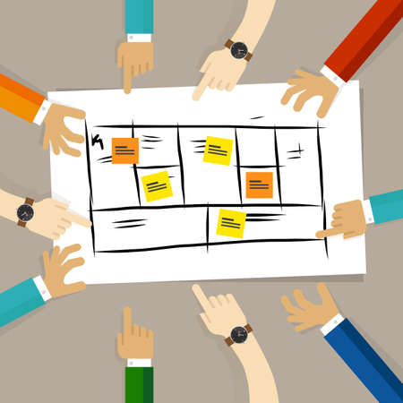 business model framework. team discuss plan for developing company for future. concept of teamwork collaboration and participationのイラスト素材