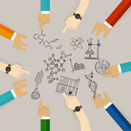 science education symbol university college student course on science materials. scientist collaboration on researchのイラスト素材