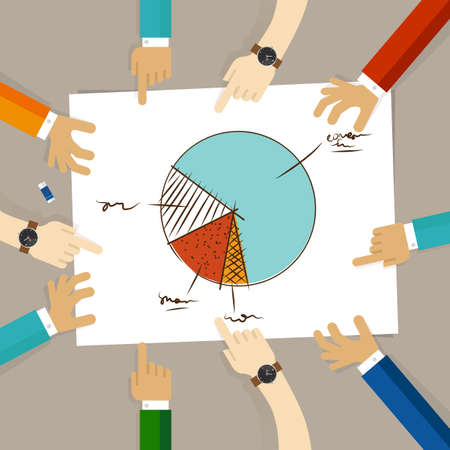 Pie chart team work on paper looking to business concept of planning hands pointing collaboration group in officeのイラスト素材
