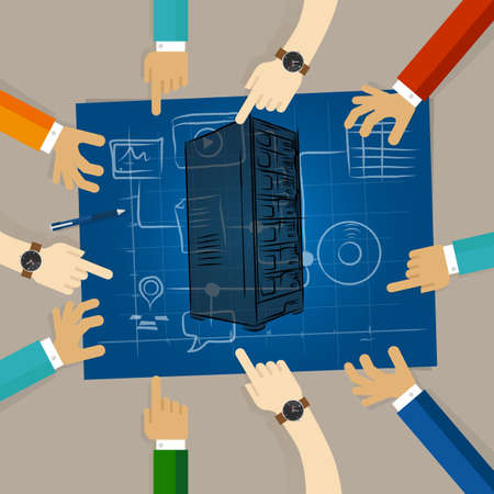 Server technology infrastructure web hosting hardware planning sharing team work on paper looking to blue print concept of planning hands pointing collaboration group in officeのイラスト素材