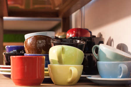 mug drinking ceramic pottery stacked in store shelf hand made craftの写真素材