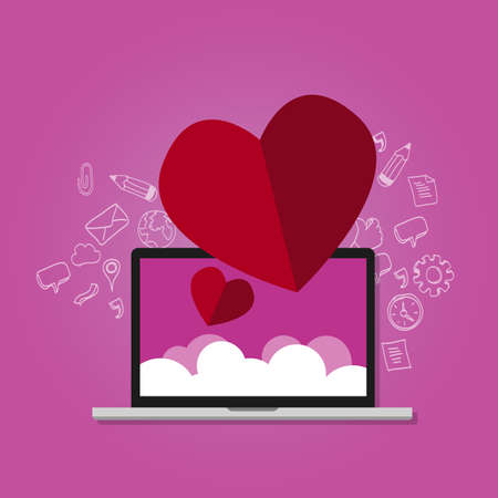 love shape on laptop with cloud screen online dating romantic celebration internetのイラスト素材