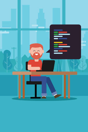 coding programming script man with beard t-shirt sitting working on laptop on table vectorのイラスト素材