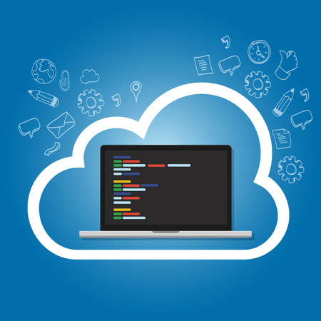 Cloud online coding repository on the cloud internet web development programming line of code script on screenのイラスト素材