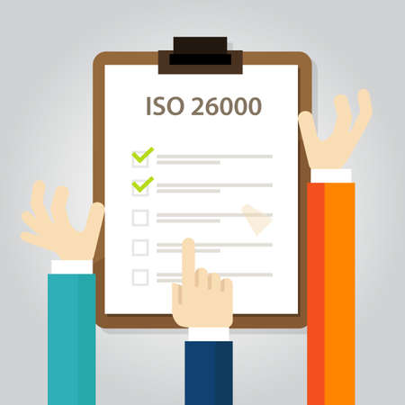 ISO 26000 social responsibility standards business compliance to international organization hand audit check documentのイラスト素材