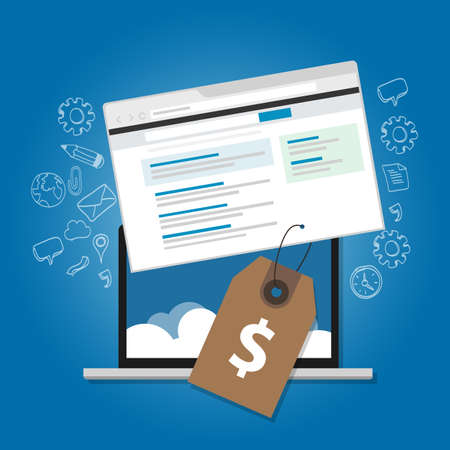 Software pricing online advertising service web voucher price tag ads illustration laptop icon with cloud pay per click internet marketingのイラスト素材