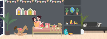Kid room interior vector illustration in dark color grey with mom and her childのイラスト素材