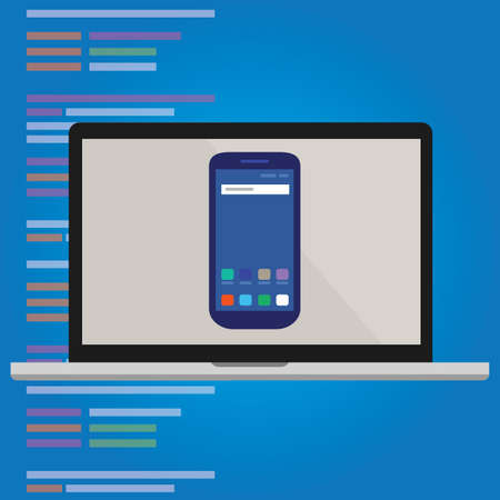 emulator smart-phone on laptop computer screen mobile application programmingのイラスト素材