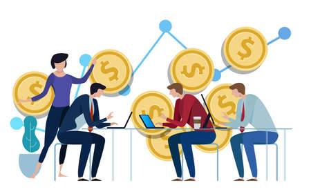 Investment management. Business people discussing the charts and graphs showing the results of their successful teamwork. vectorのイラスト素材
