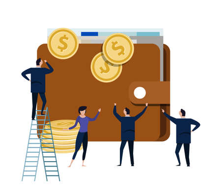 big wallet with small people business man around it. concept of office managing money dollar cash...