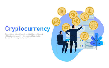 Cryptocurrency and blockchain composition. Big data processing, server station of future, data center. business people managing coin mining. flat vectorのイラスト素材