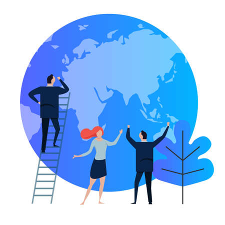 Eco-friendly company. Planet earth as environment symbol. Take care of ecology protection by business. Business man looking at blue world facing global warming pollution problem. Vector illustration.の写真素材