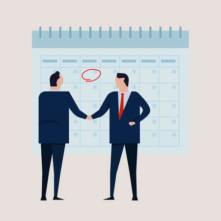 Time calendar comitment target project. Business people agreement standing handshake wearing suite formal. Concept business vectorのイラスト素材